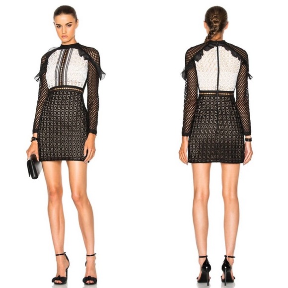 New Self-Portrait Geometric Monochrome Mini Dress in Black/White - Picture 1 of 13